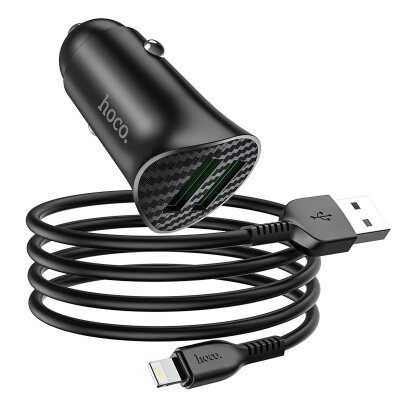Автомобильное зарядное устройство hoco Z39 Farsighted dual port QC3.0 Car charger set (Lightning) - Black