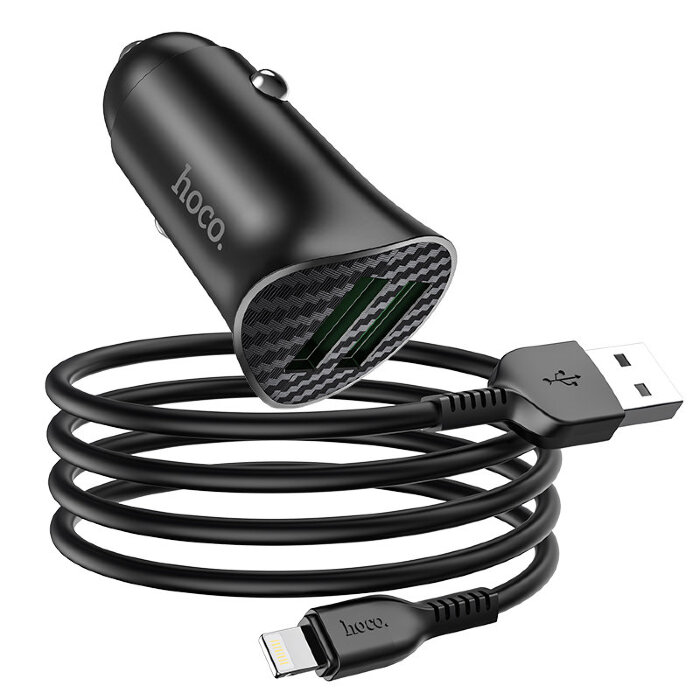Автомобильное зарядное устройство hoco Z39 Farsighted dual port QC3.0 Car charger set (Lightning) - Black купить оптом купить оптом