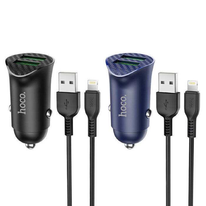Автомобильное зарядное устройство hoco Z39 Farsighted dual port QC3.0 Car charger set (Lightning) - Black купить оптом купить оптом
