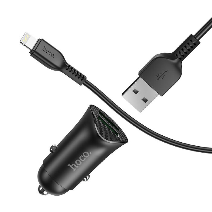 Автомобильное зарядное устройство hoco Z39 Farsighted dual port QC3.0 Car charger set (Lightning) - Black купить оптом купить оптом