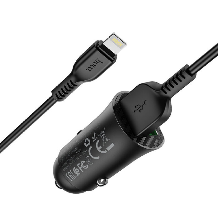 Автомобильное зарядное устройство hoco Z39 Farsighted dual port QC3.0 Car charger set (Lightning) - Black купить оптом купить оптом