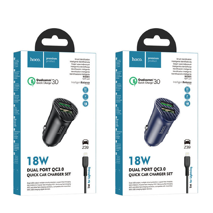 Автомобильное зарядное устройство hoco Z39 Farsighted dual port QC3.0 Car charger set (Lightning) - Black купить оптом купить оптом