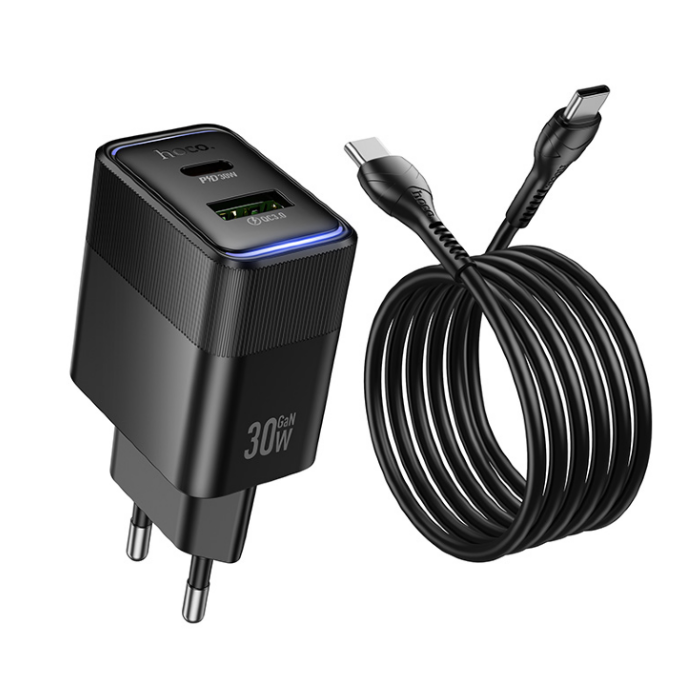Сетевое зарядное устройство HOCO CS112A Lounge PD30W+QC3.0 charger set(Type-C to Type-C)(EU) - Black купить оптом купить оптом