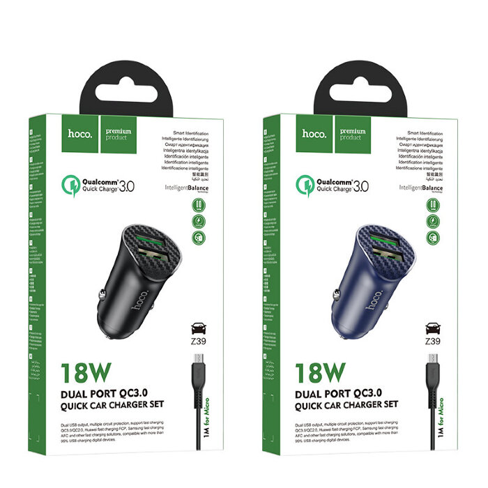 Автомобильное зарядное устройство hoco Z39 Farsighted dual port QC3.0 Car charger set (Micro) - Black купить оптом купить оптом