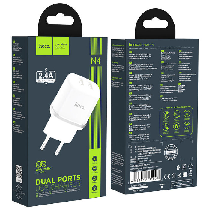 Сетевой адаптер hoco N4 Aspiring dual port charger (EU) - White купить оптом купить оптом