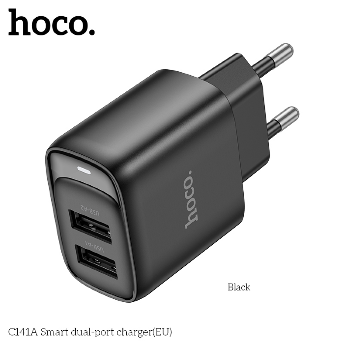 Сетевое зарядное устройство HOCO C141A Smart dual-port charger(EU) - Black купить оптом купить оптом
