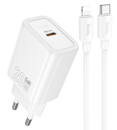 Зарядка HOCO N60 Gentle single port PD20W charger set(Type-c to IP)(EU) White купить оптом купить оптом