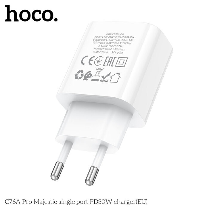 Сетевой адаптер Hoco C76A Pro Majestic single port PD30W charger - White купить оптом купить оптом