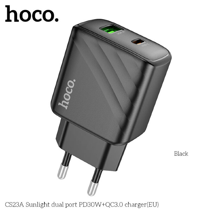 Сетевой адаптер Hoco CS23A Sunlight dual port PD30W+QC3.0 charger - Black купить оптом купить оптом