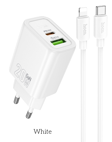 Зарядка HOCO N61 Gental PD20W+QC3.0 charger(Type-c to IP)(EU) White купить оптом купить оптом