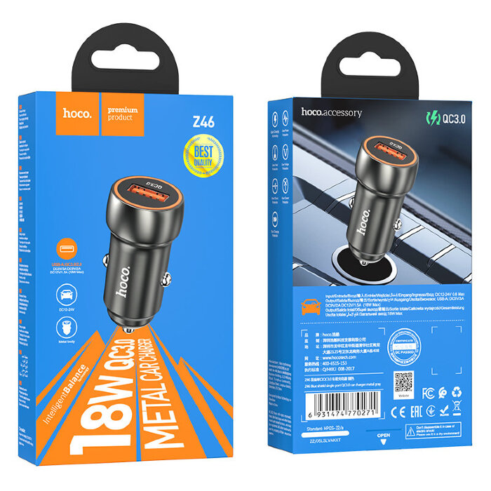 Автомобильное зарядное устройство Hoco Z46 Blue shield single port QC3.0 car charger - Metal gray купить оптом купить оптом