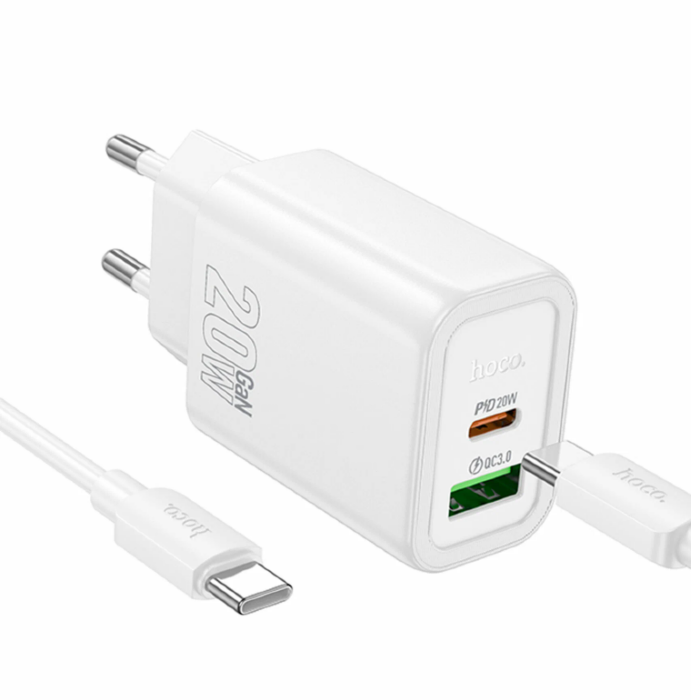 Зарядка HOCO N61 Gental PD20W+QC3.0 charger(Type-c to Type-c)(EU) White купить оптом купить оптом