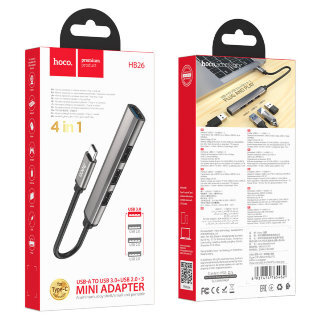 Хаб HOCO HB26 4in1 adapter (Type-c to USB3.0+USB2.0*3) - Metal Gray купить оптом купить оптом