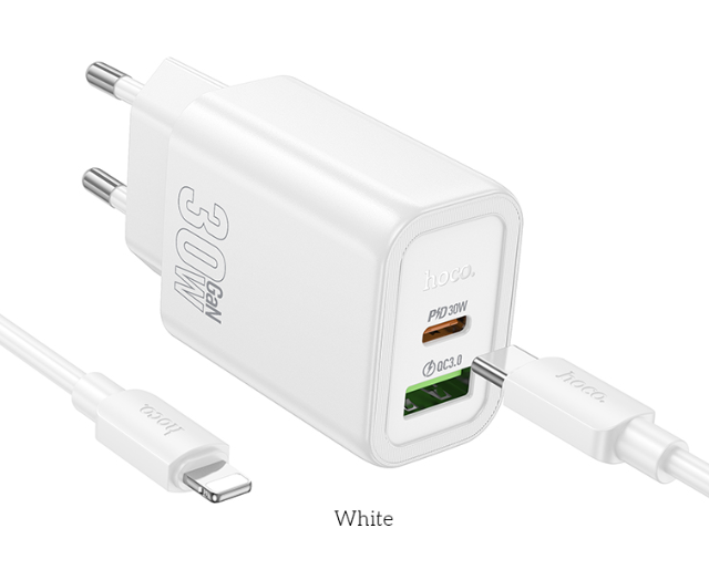 Зарядка HOCO N63 Gentle PD30W+QC3.0 charger set(Type-c to IP)(EU) White купить оптом купить оптом