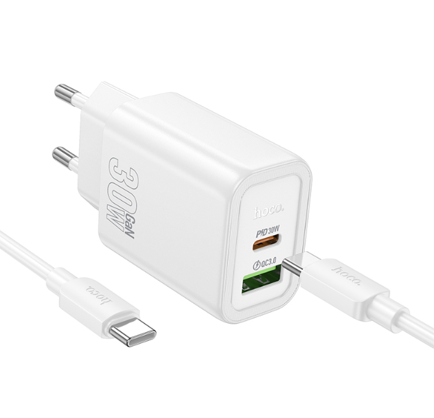 Зарядка HOCO N63 Gentle PD30W+QC3.0 charger set(Type-c to Type-c)(EU) White купить оптом купить оптом