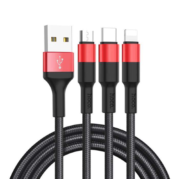 Кабель hoco X26 Xpress Lightning+Micro-USB+Type-C - Черно/Красный купить оптом купить оптом