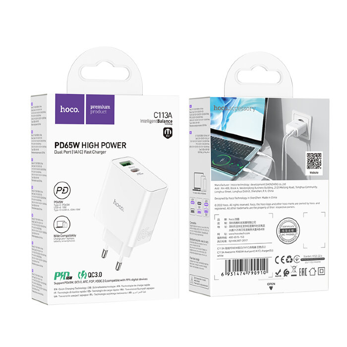 Зарядный конвертер Hoco C113A Awesome PD65W dual port (1A1C)charger (EU) - White купить оптом купить оптом
