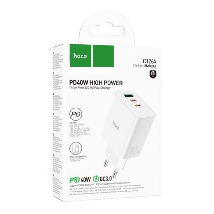 Зарядное устройство HOCO C126a pure power PD40W three-port (2C1A) charger (EU) - White