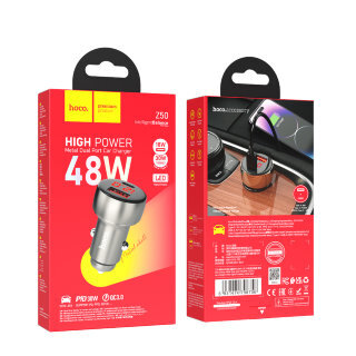 Автомобильное ЗУ Hoco Z50 Leader 48W dual-port PD30W+QC3.0 with digital display - Metal Grey купить оптом купить оптом