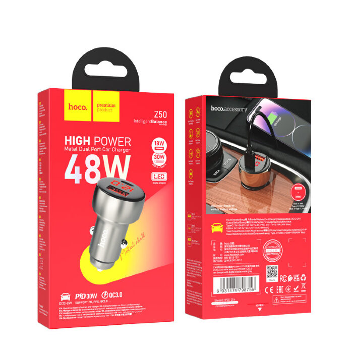 Автомобильное ЗУ Hoco Z50 Leader 48W dual-port PD30W+QC3.0 with digital display - Metal Grey купить оптом купить оптом