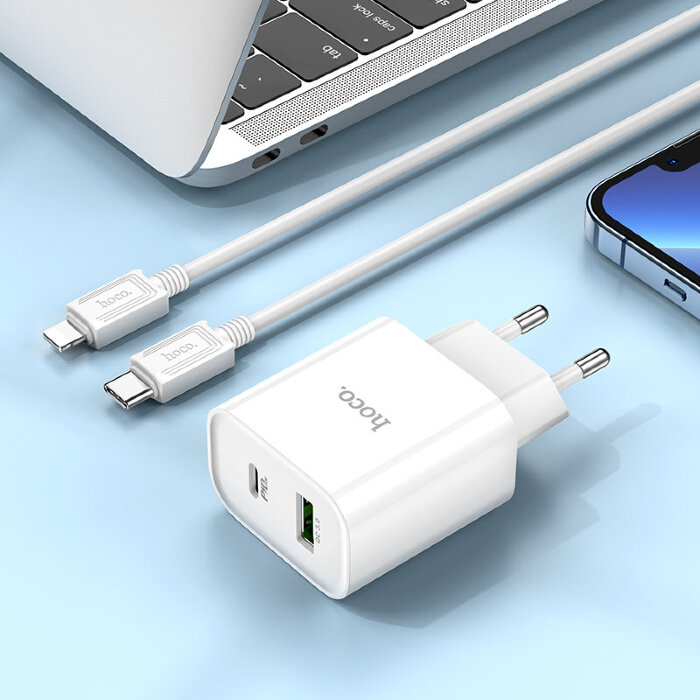 Зарядка Hoco C80A Plus Rapido PD20W+QC3.0 charger set(C to iP)(EU) - White купить оптом купить оптом