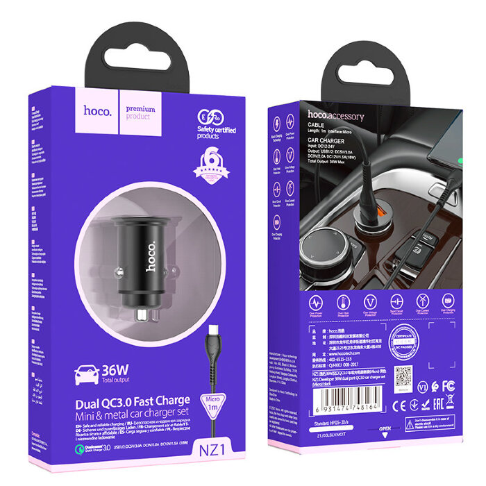 Автомобильное ЗУ Hoco NZ1 Developer 36W dual port QC3.0 car charger set(Micro) - Black купить оптом купить оптом