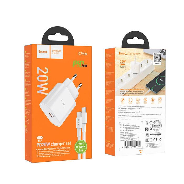 Зарядка hoco C94A Metro single port PD20W charger set (Type-C TO Type-C) (EU) купить оптом купить оптом