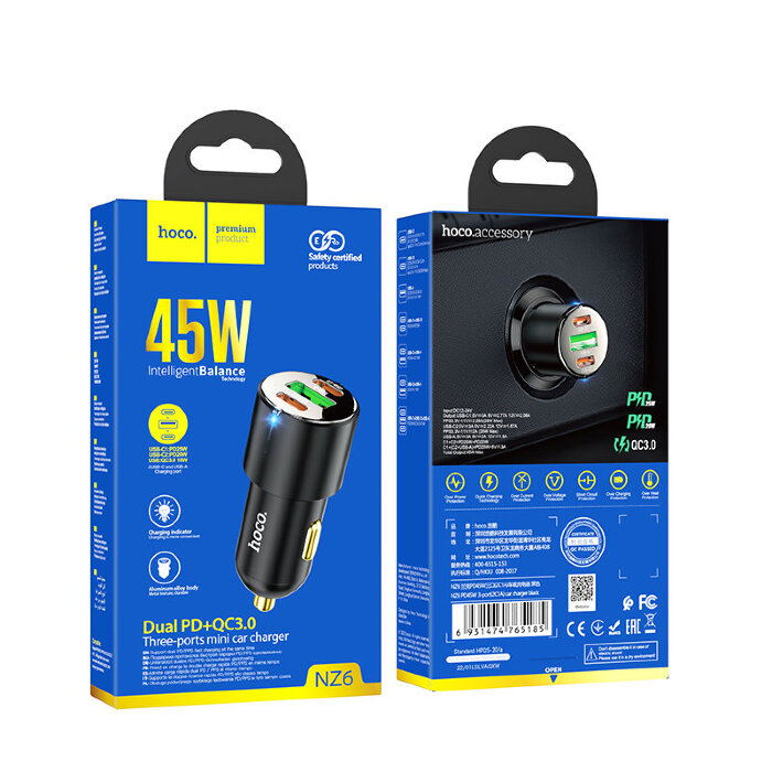 Автомобильное ЗУ hoco NZ6 PD45W 3-port (2C1A) car charger - Black купить оптом купить оптом