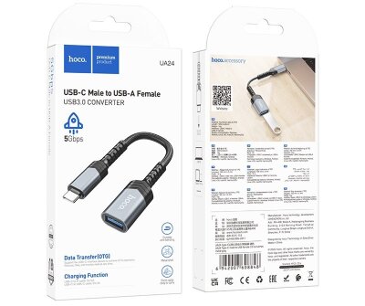 Переходник Hoco UA24 Type-c male to USB female 3.0 converter - Металлический серый