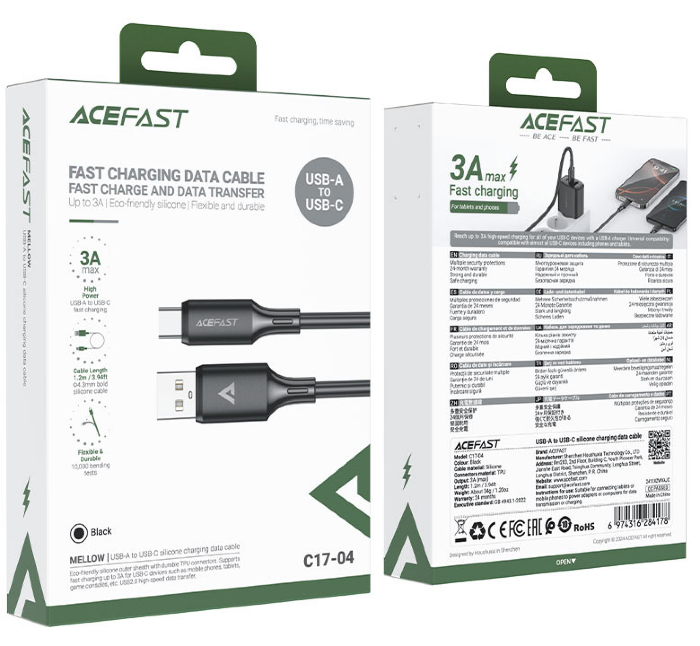 Кабель AceFast C17-04 USB-A to USB-C silicone charging data cable, Black купить оптом купить оптом