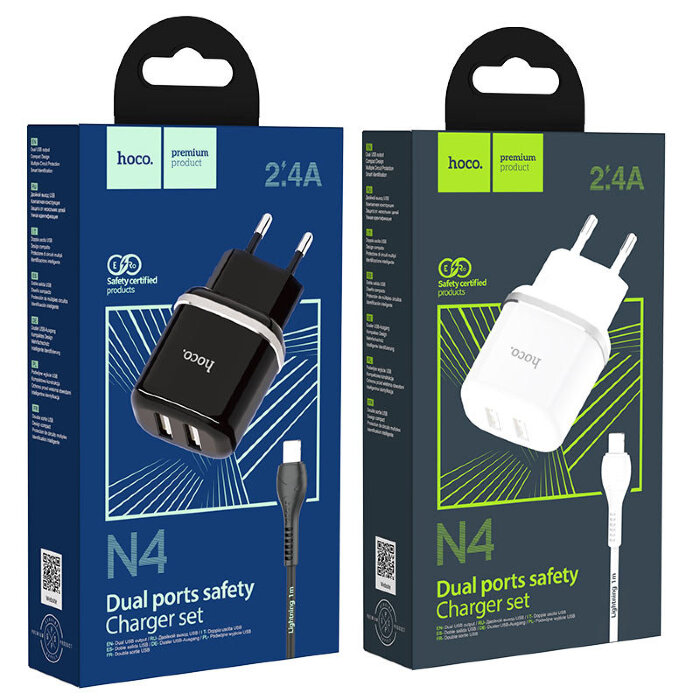 Сетевой адаптер hoco N4 Aspiring dual port charger set (for Lightning) (EU) - White купить оптом купить оптом