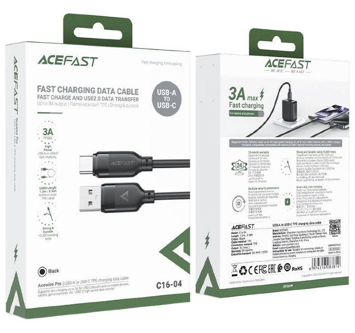 Кабель AceFast C16-04 USB-A to USB-C TPE charging data, Black купить оптом купить оптом