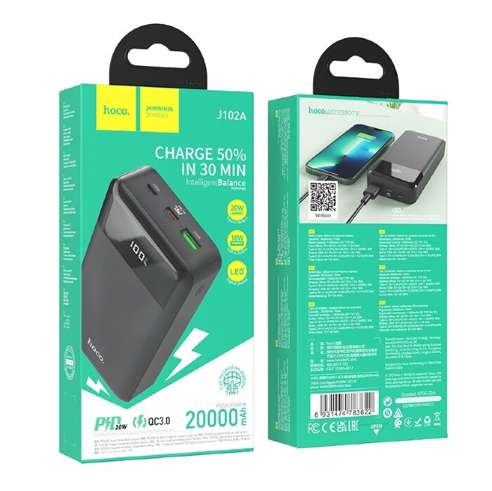 Power Bank Hoco J102A Cool figure PD20W+QC3.0 (20000mAh) - Black купить оптом купить оптом