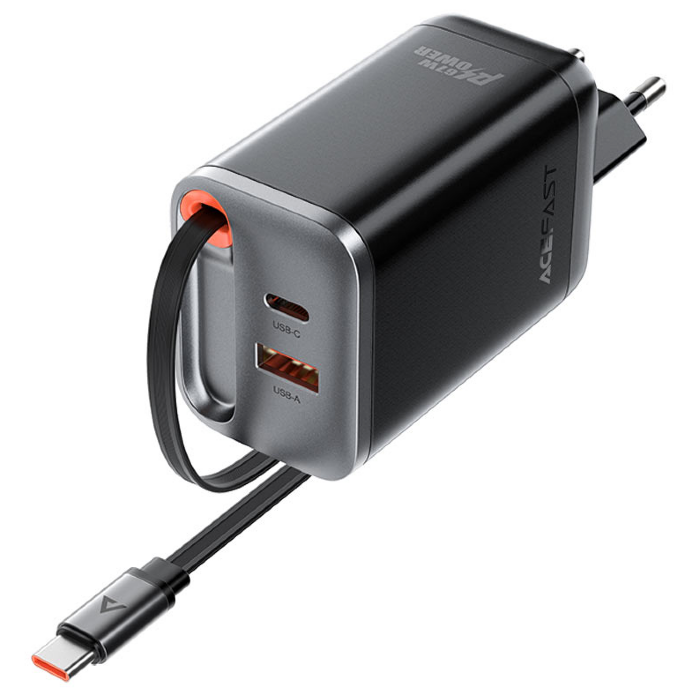 Зарядка ACEFAST A111 PD67W GaN charger(2*USB-C+USB-A) whith retractable cable, Black