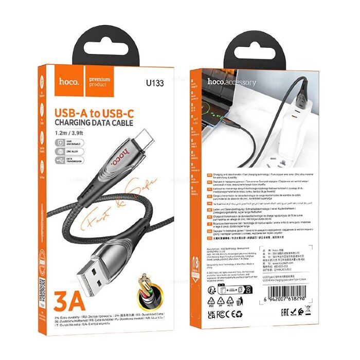 Кабель Hoco U133 Monte Charging Data Cable Type-c - Black купить оптом купить оптом