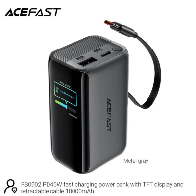 Внешний аккумулятор ACEFAST PB0902 PD45W fast charging power bank with TFT display and retractable cable 10000mAh - Metal gray