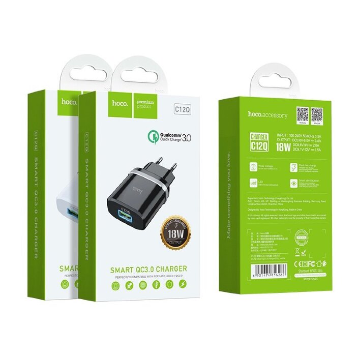 Сетевой адаптер hoco C12Q Smart QC3.0 charger (EU) - Black купить оптом купить оптом