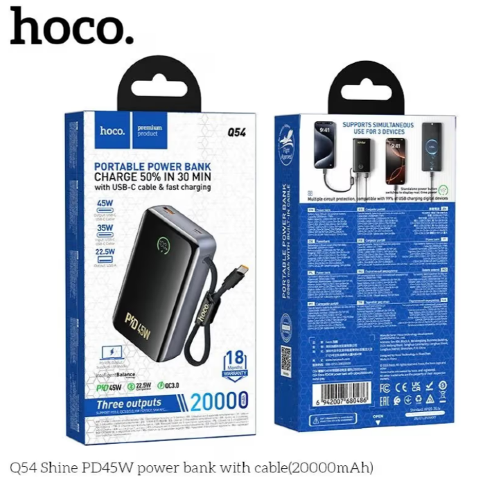 Внешний аккумулятор HOCO Q54 Shine PD45W power bank with cable 20000mAh - Metal Gray купить оптом купить оптом