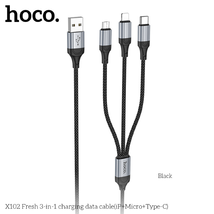 Кабель HOCO X102 Fresh 3-in-1 charging data cable(ip+Micro+Type-c) - Black купить оптом купить оптом