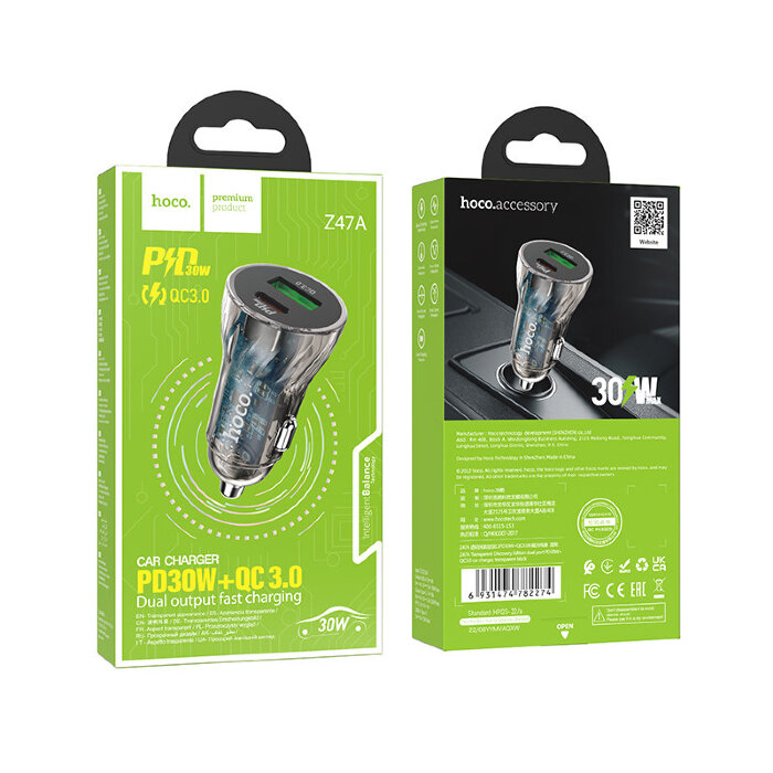Автомобильное ЗУ Hoco Z47A Transparent Discovery Edition dual port PD30W+QC3.0 car charger - Transparent black купить оптом купить оптом