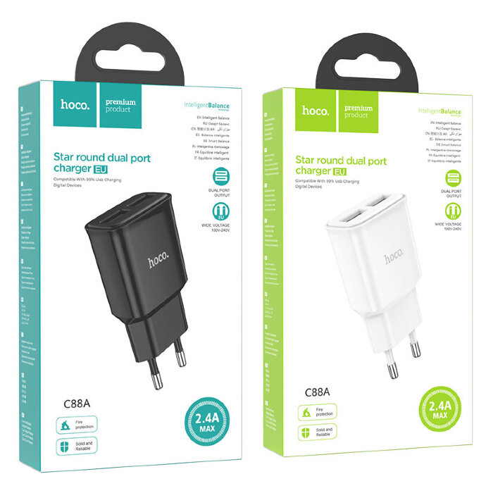 Сетевой адаптер hoco C88A Star round dual port charger (EU) - Черный купить оптом купить оптом