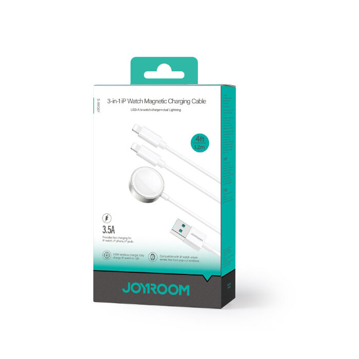 Зарядка Joyroom S-IW007 3-in-1 iP Watch Magnetic Charger+Dual Lightning cable (USB-A) 1.2m - White купить оптом купить оптом