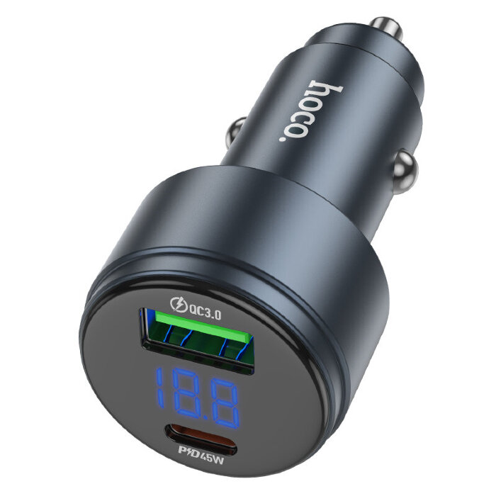 Автомобильная зарядка HOCO Z57B Glorious 63W dual-port digital display PD45W+QC3.0 car charger - Metal gray купить оптом купить оптом