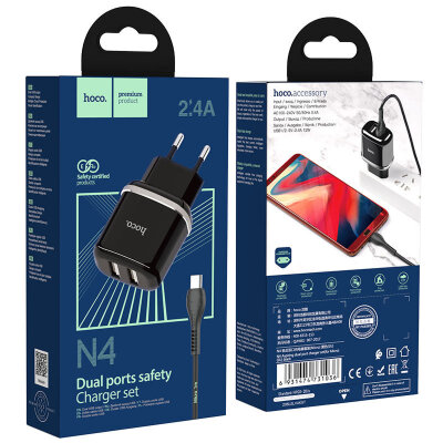 Сетевой адаптер hoco N4 Aspiring dual port charger set (for Micro) (EU) - Черный