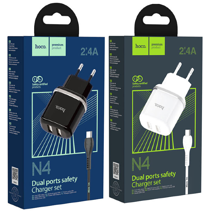 Сетевой адаптер hoco N4 Aspiring dual port charger set (for Micro) (EU) - Черный купить оптом купить оптом