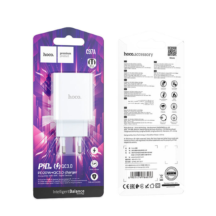Сетевой адаптер hoco C97A PD20W+QC3.0 charger (EU) - White купить оптом купить оптом