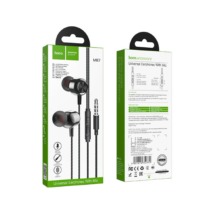 Наушники hoco M87 String wired earphones with with microphone - Black купить оптом купить оптом