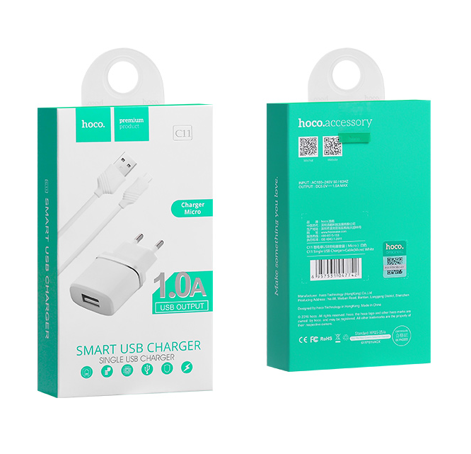Сетевое зарядное устройство HOCO C11 Smart single USB (Micro cable)charger set(EU) white купить оптом купить оптом