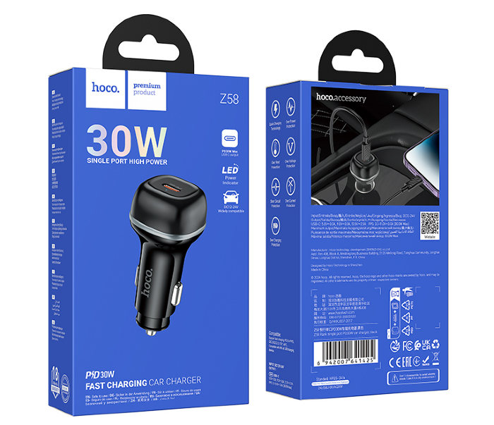Автомобильная Зарядка HOCO Z58 Rank single port PD30W car charger Black купить оптом купить оптом
