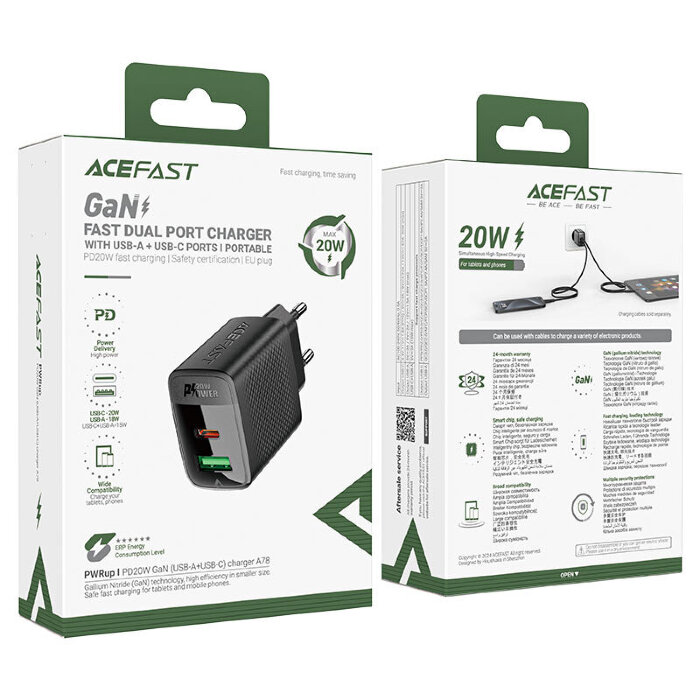 Сетевое зарядное устройство ACEFAST A78 PD20W GaN (USB-A+USB-C) Charger (EU) Black купить оптом купить оптом